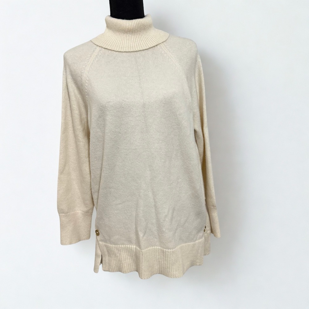 MICHAEL KORS Womens Cream Turtleneck Sweater‎ Gold Button Side Detail Size L